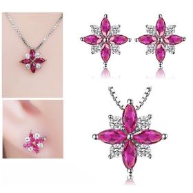 Сребърен комплект с рубини цвете