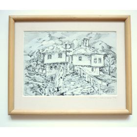 Оригинални графики с туш на стари селски къщи от Родопите