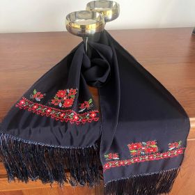 Ръчно бродиран шал от естествена коприна, тъмно син, Ловешка шевица