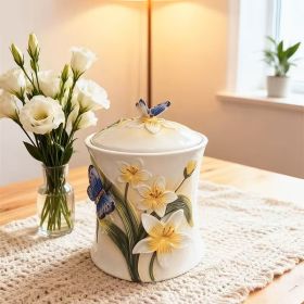 Ръчно рисувана керамична захарница, Пролетно настроение - нарциси и пеперуди
