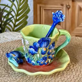 Комплект керамична чаша с чиния и лъжица, Ирисите на Ван Гог