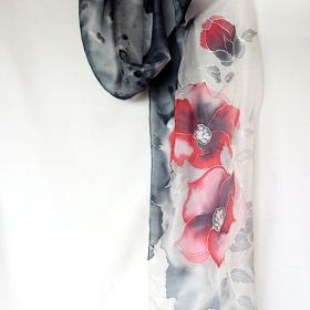 Червени цветя на черно бял фон, рисуван копринен шал