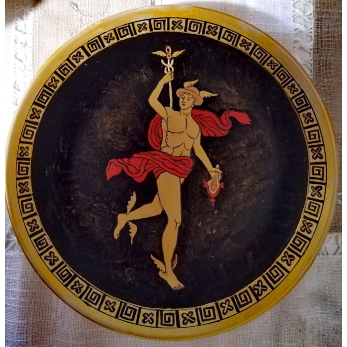 Позлатена, ръчно рисувана чиния, Бог Хермес, богът на търговията и пътешествията