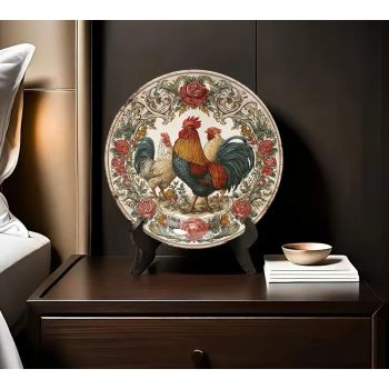 Великденска керамична чиния - петел и кокошки