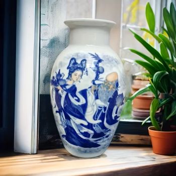 Ръчно рисувана китайска ваза, синьо бял порцелан с мотиви от живота на безсмъртния  Ли Чинг Юн
