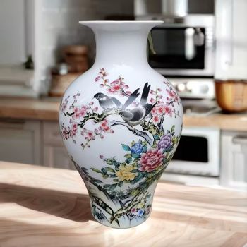 Ръчно рисувана керамична ваза, китайски порцелан -Птици и цветя