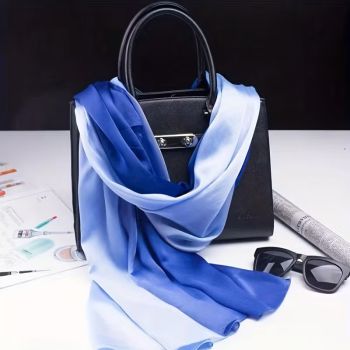 Аристократичен шал от сатенирана естествена коприна, два нюанса синьо